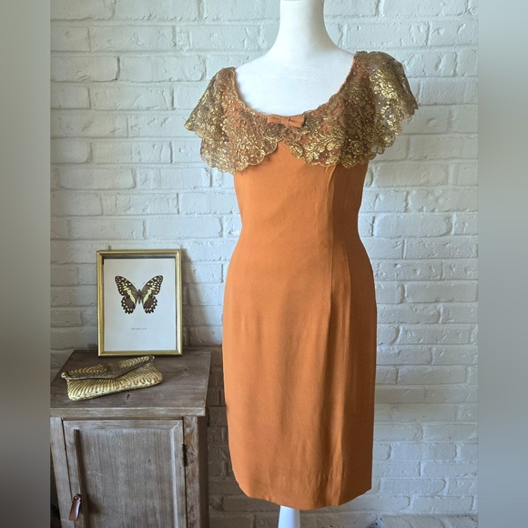 Vintage Dresses & Skirts - SOLD Vintage 1960s Rust/Orange Dress With Lace Collar, Sheath, Party, Bow